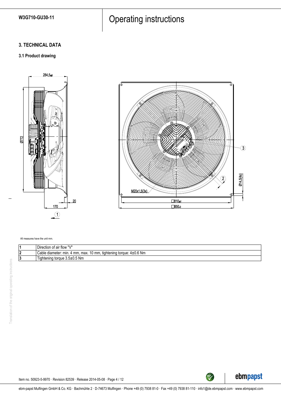 Operating instructions | ebm-papst W3G710-GU30-11 User Manual | Page 4 / 12