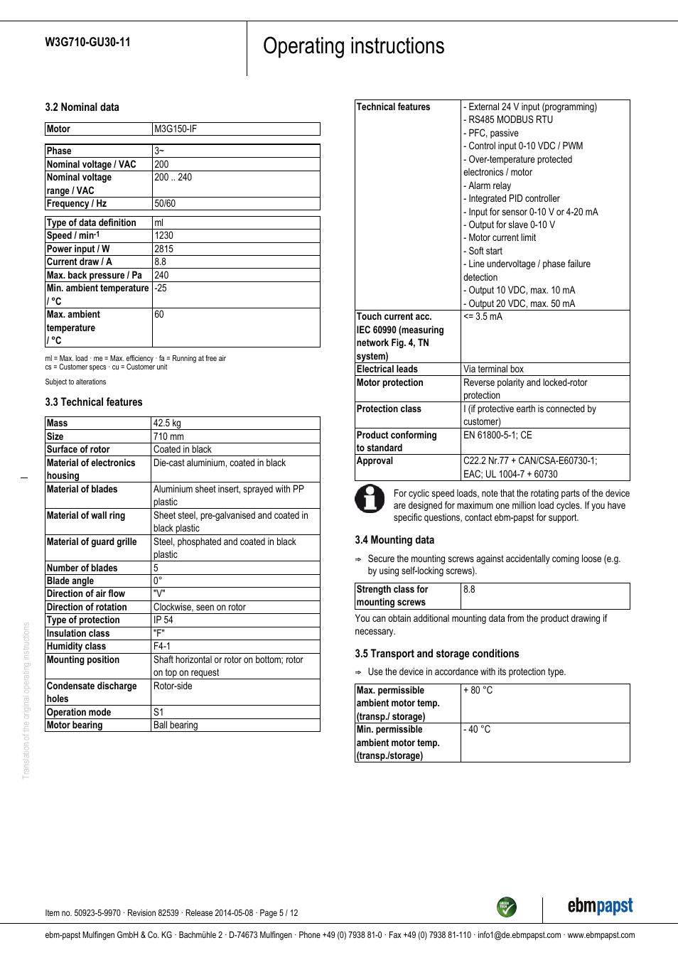 Operating instructions | ebm-papst W3G710-GU30-11 User Manual | Page 5 / 12