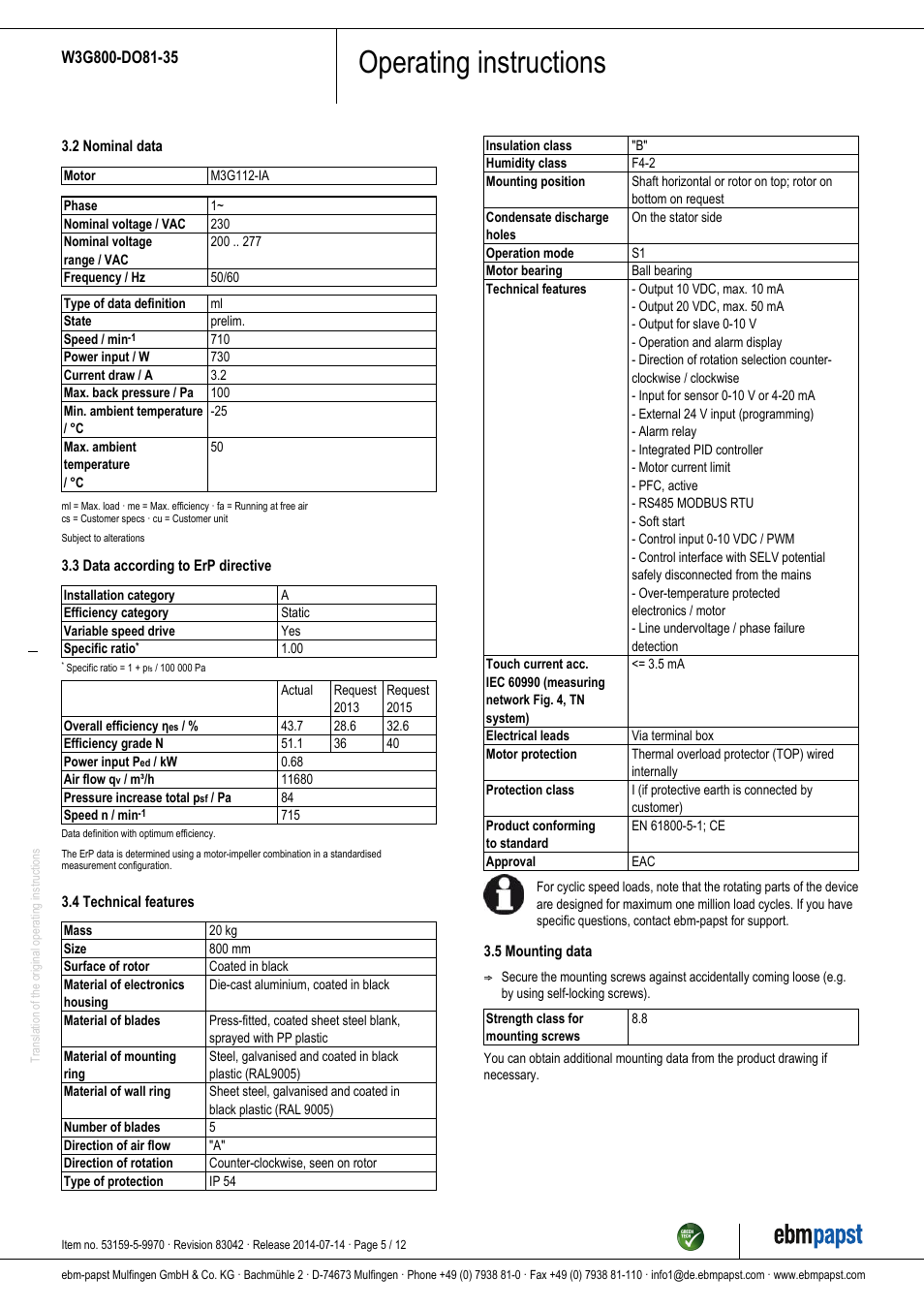 Operating instructions | ebm-papst W3G800-DO81-35 User Manual | Page 5 / 12