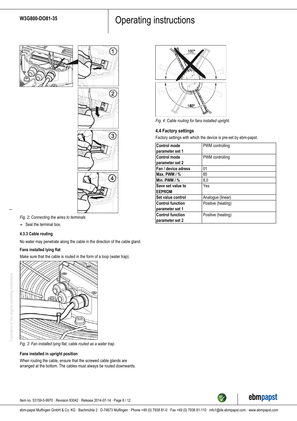 Operating instructions | ebm-papst W3G800-DO81-35 User Manual | Page 8 / 12