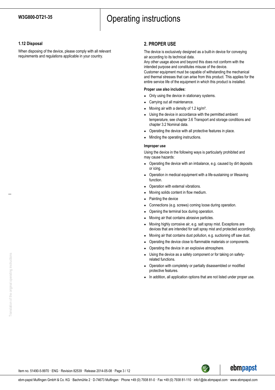 Operating instructions, Proper use | ebm-papst W3G800-DT21-35 User Manual | Page 3 / 12