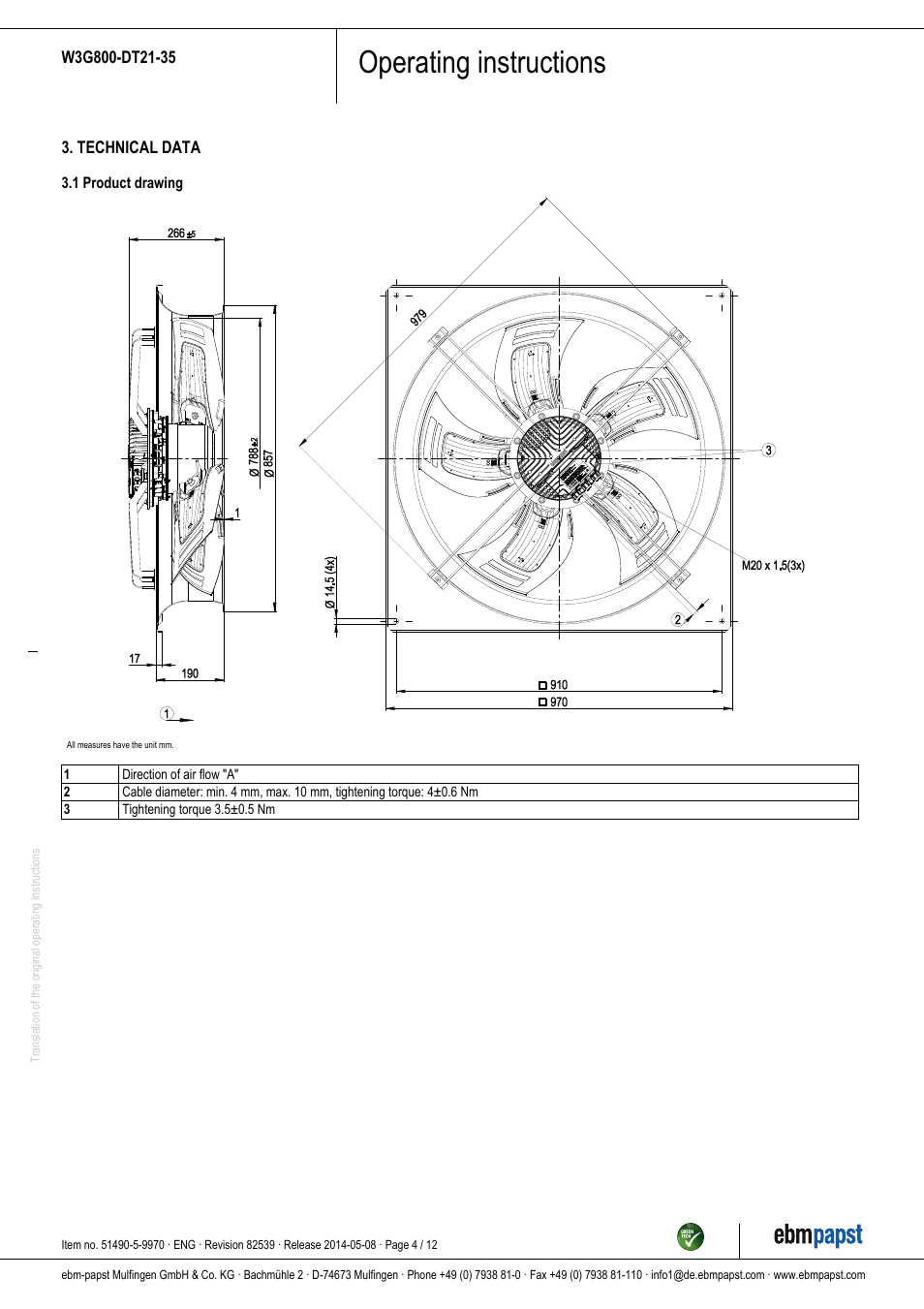 Operating instructions | ebm-papst W3G800-DT21-35 User Manual | Page 4 / 12