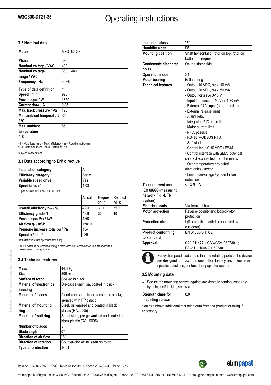 Operating instructions | ebm-papst W3G800-DT21-35 User Manual | Page 5 / 12