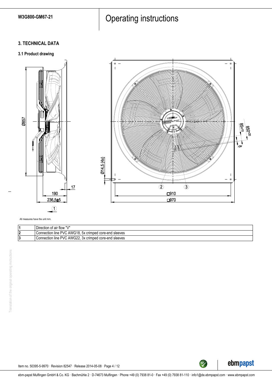 Operating instructions | ebm-papst W3G800-GM67-21 User Manual | Page 4 / 12