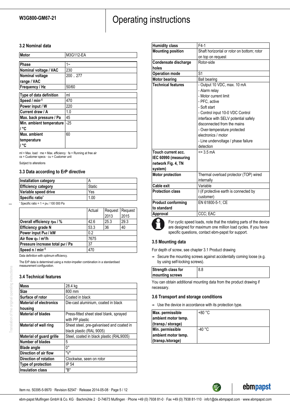 Operating instructions | ebm-papst W3G800-GM67-21 User Manual | Page 5 / 12