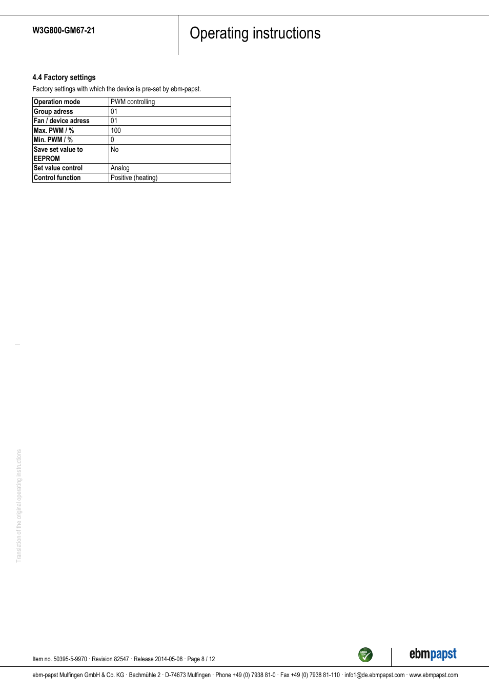 Operating instructions | ebm-papst W3G800-GM67-21 User Manual | Page 8 / 12