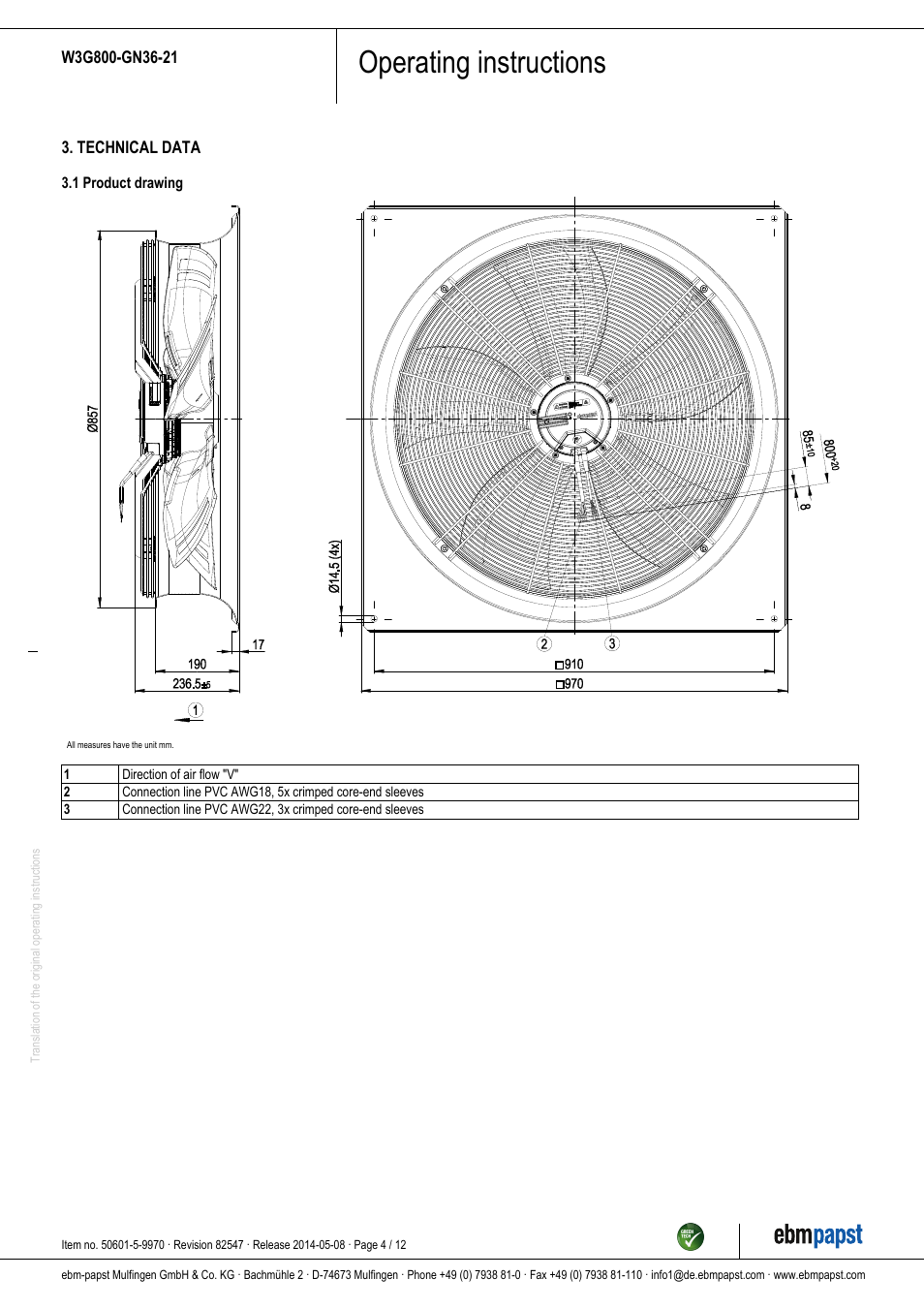 Operating instructions | ebm-papst W3G800-GN36-21 User Manual | Page 4 / 12
