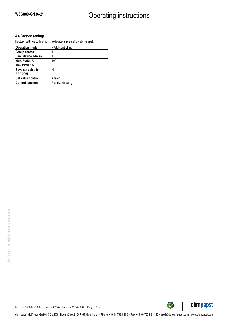 Operating instructions | ebm-papst W3G800-GN36-21 User Manual | Page 8 / 12