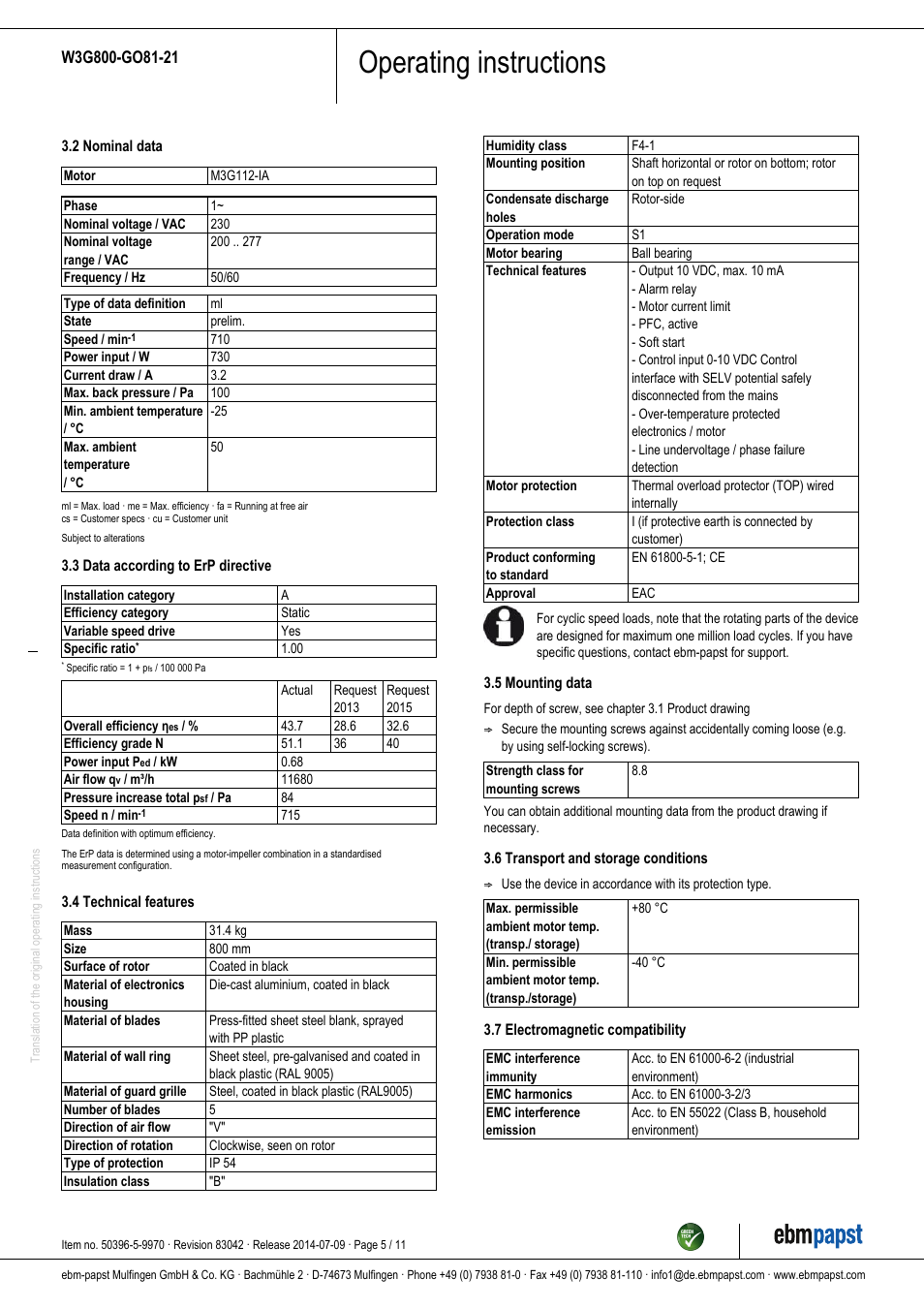 Operating instructions | ebm-papst W3G800-GO81-21 User Manual | Page 5 / 11