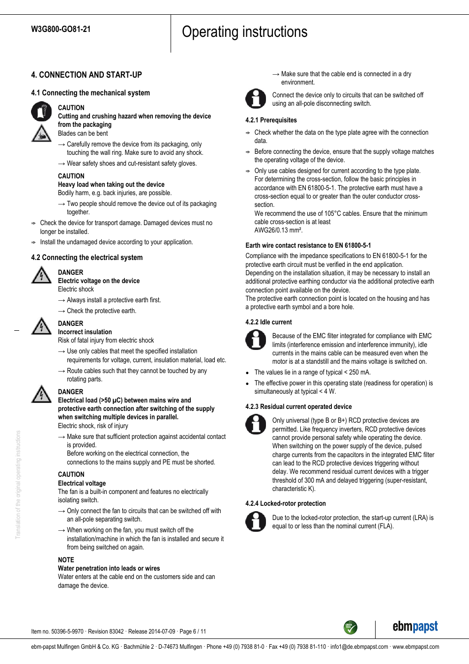 Operating instructions | ebm-papst W3G800-GO81-21 User Manual | Page 6 / 11