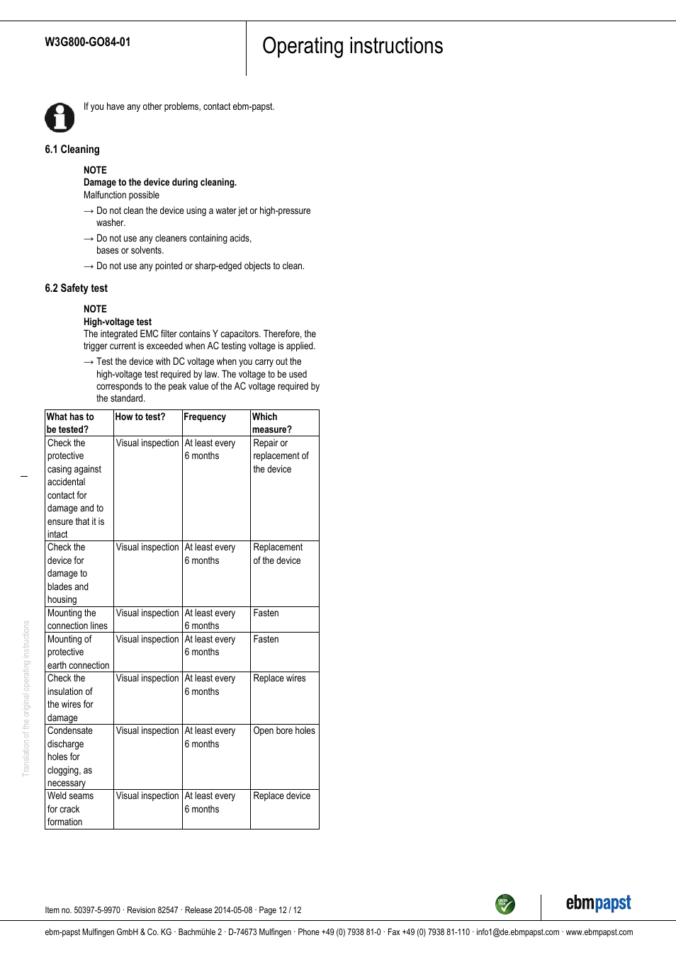 Operating instructions | ebm-papst W3G800-GO84-01 User Manual | Page 12 / 12