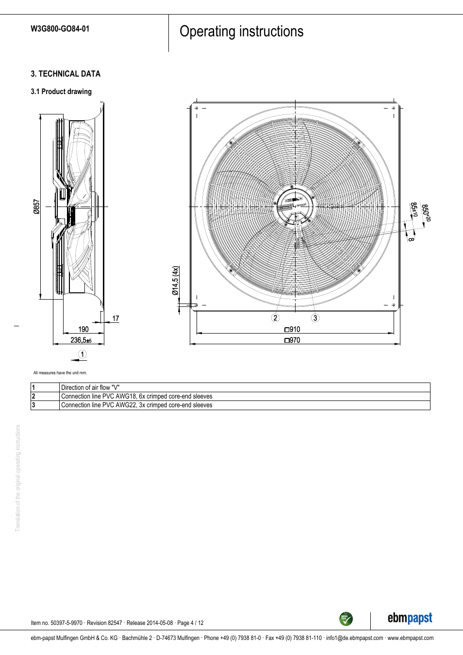 Operating instructions | ebm-papst W3G800-GO84-01 User Manual | Page 4 / 12