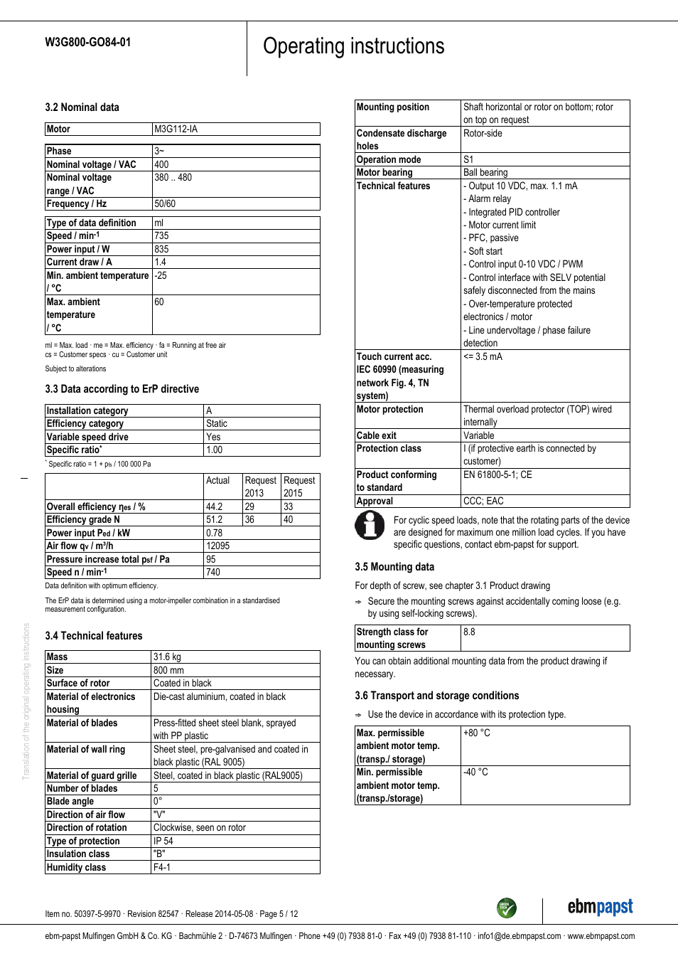 Operating instructions | ebm-papst W3G800-GO84-01 User Manual | Page 5 / 12