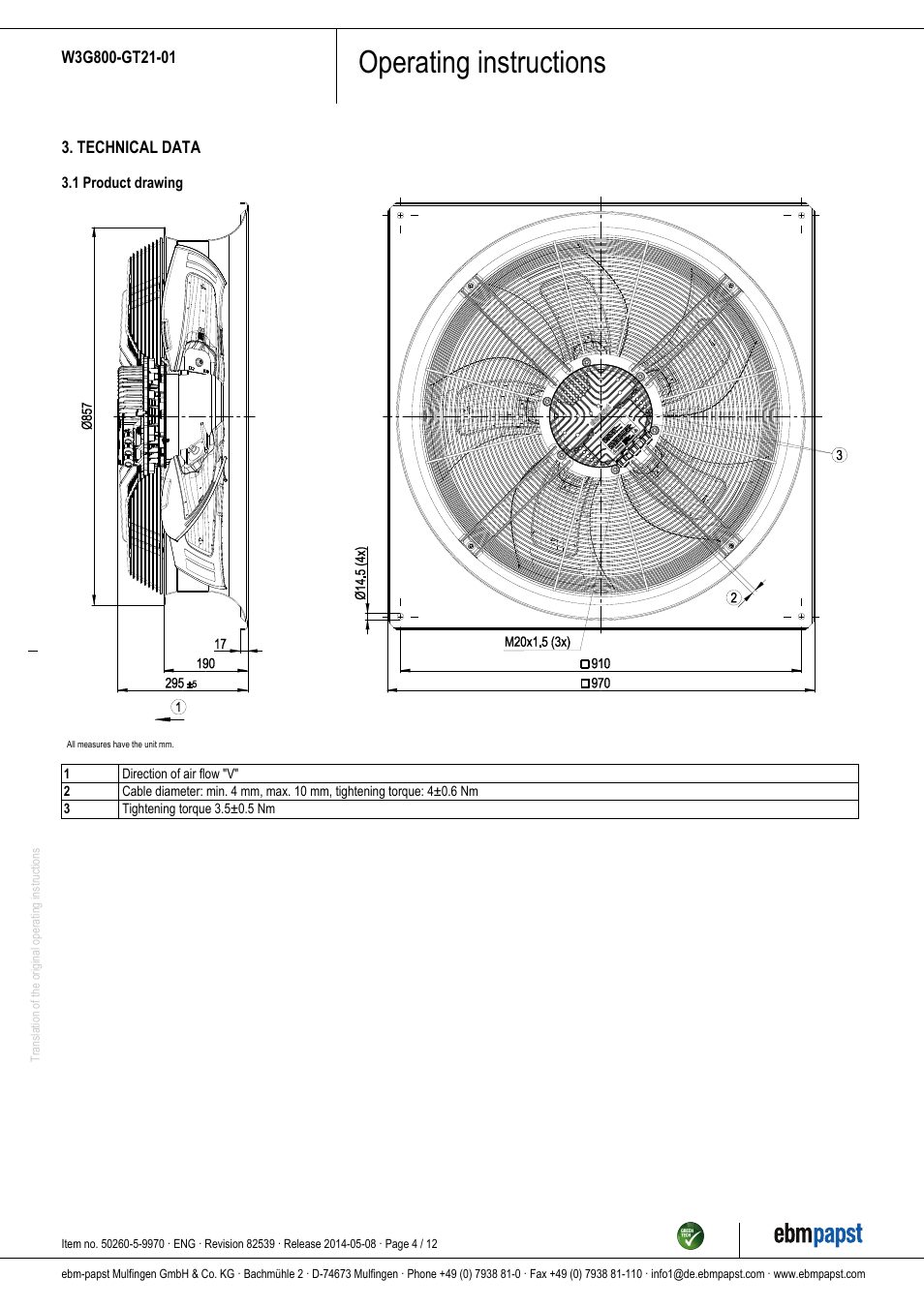 Operating instructions | ebm-papst W3G800-GT21-01 User Manual | Page 4 / 12