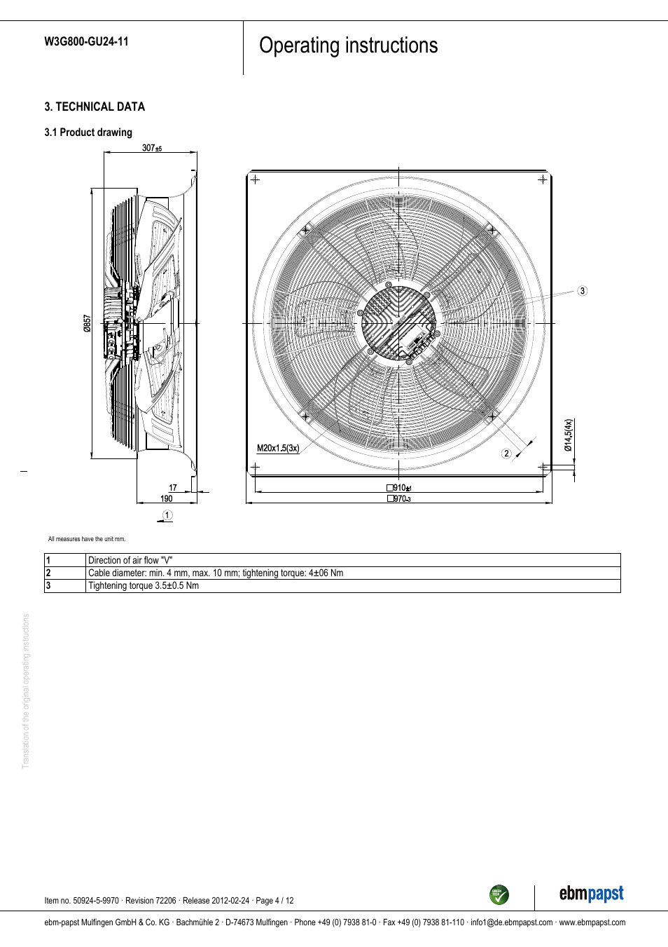Operating instructions | ebm-papst W3G800-GU24-11 User Manual | Page 4 / 12