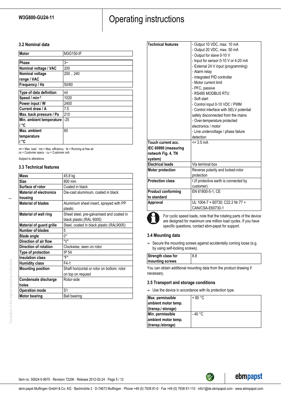 Operating instructions | ebm-papst W3G800-GU24-11 User Manual | Page 5 / 12