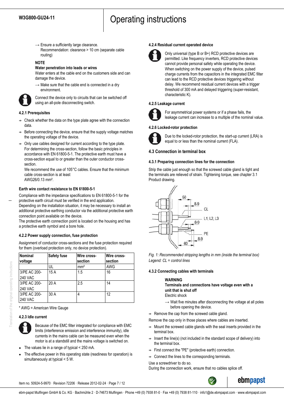 Operating instructions | ebm-papst W3G800-GU24-11 User Manual | Page 7 / 12