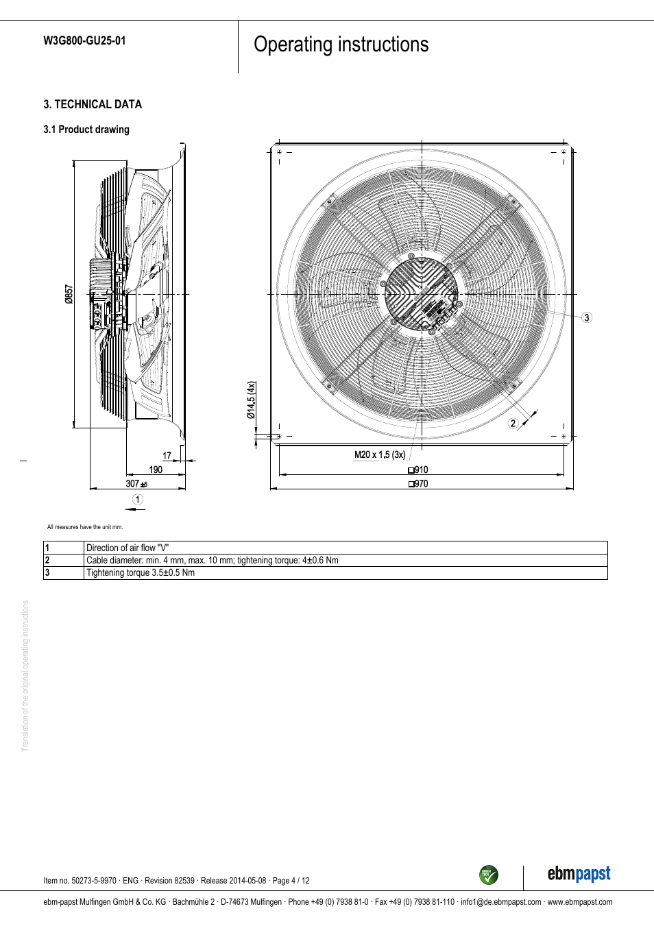 Operating instructions | ebm-papst W3G800-GU25-01 User Manual | Page 4 / 12