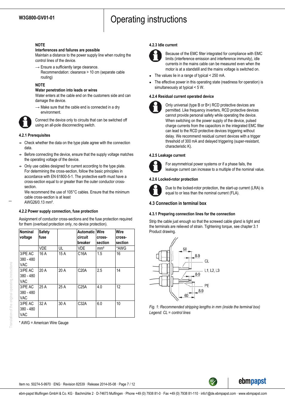 Operating instructions | ebm-papst W3G800-GV01-01 User Manual | Page 7 / 12