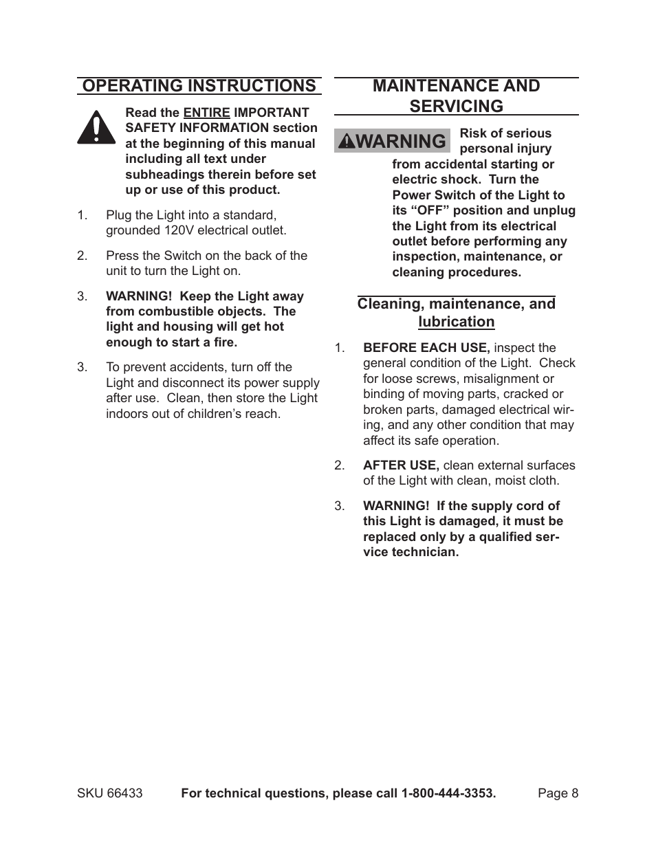 Warning, Operating instructions, Maintenance and servicing | Chicago Electric 66433 User Manual | Page 8 / 11