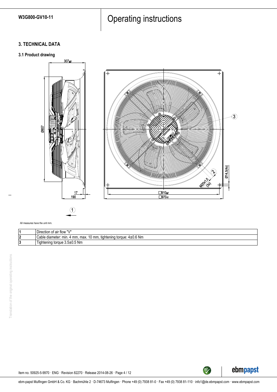 Operating instructions | ebm-papst W3G800-GV10-11 User Manual | Page 4 / 12