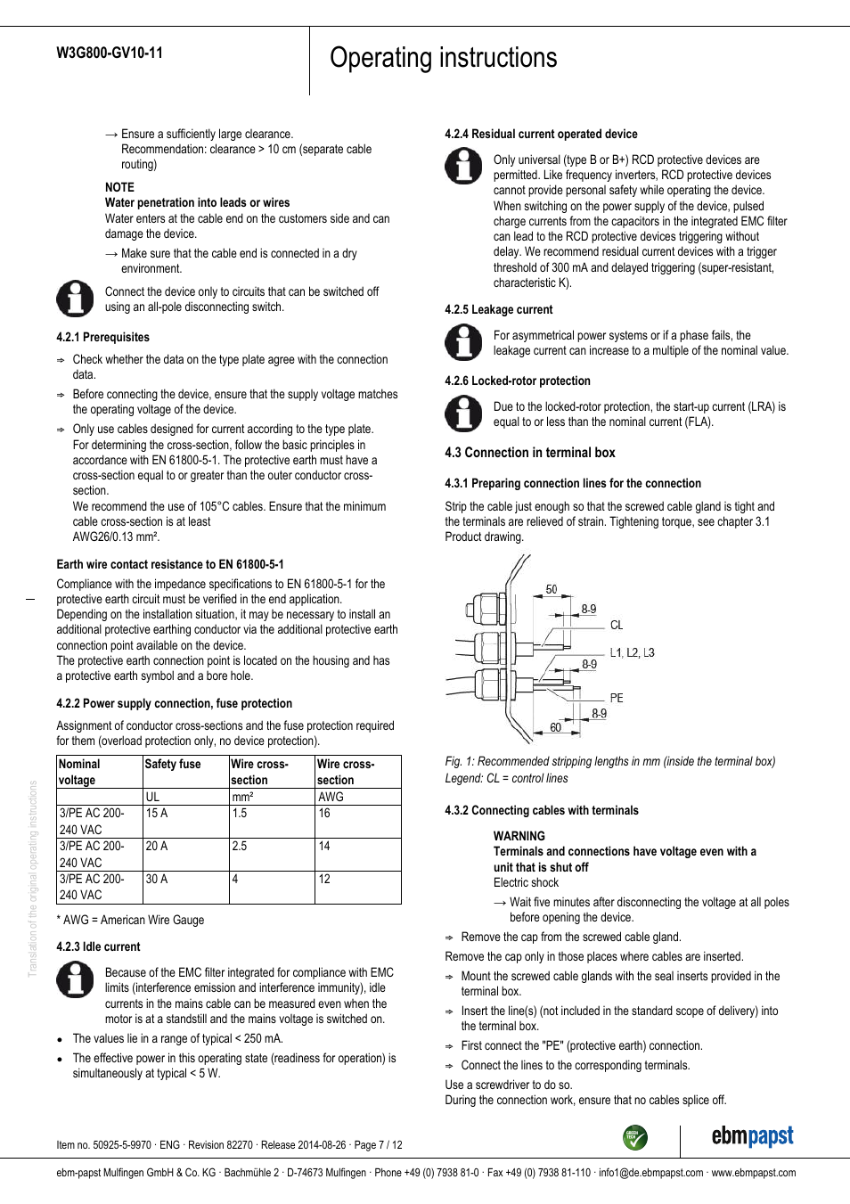 Operating instructions | ebm-papst W3G800-GV10-11 User Manual | Page 7 / 12