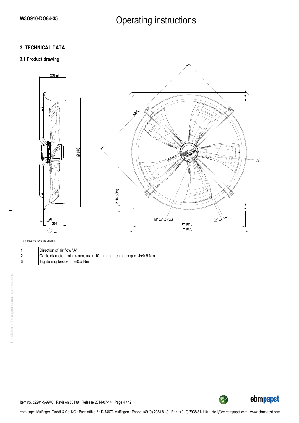 Operating instructions | ebm-papst W3G910-DO84-35 User Manual | Page 4 / 12