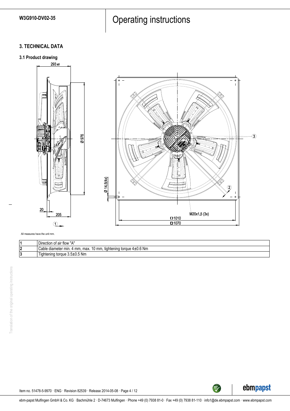 Operating instructions | ebm-papst W3G910-DV02-35 User Manual | Page 4 / 12