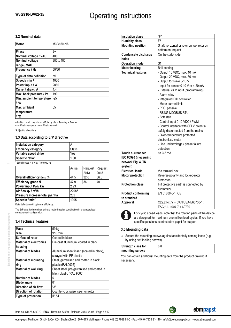 Operating instructions | ebm-papst W3G910-DV02-35 User Manual | Page 5 / 12