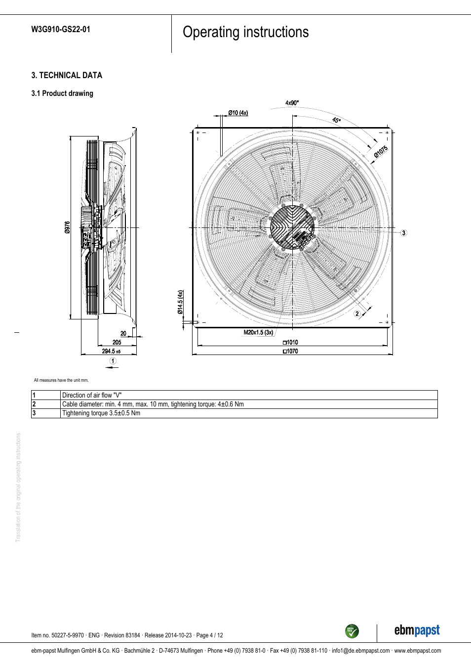 Operating instructions | ebm-papst W3G910-GS22-01 User Manual | Page 4 / 12