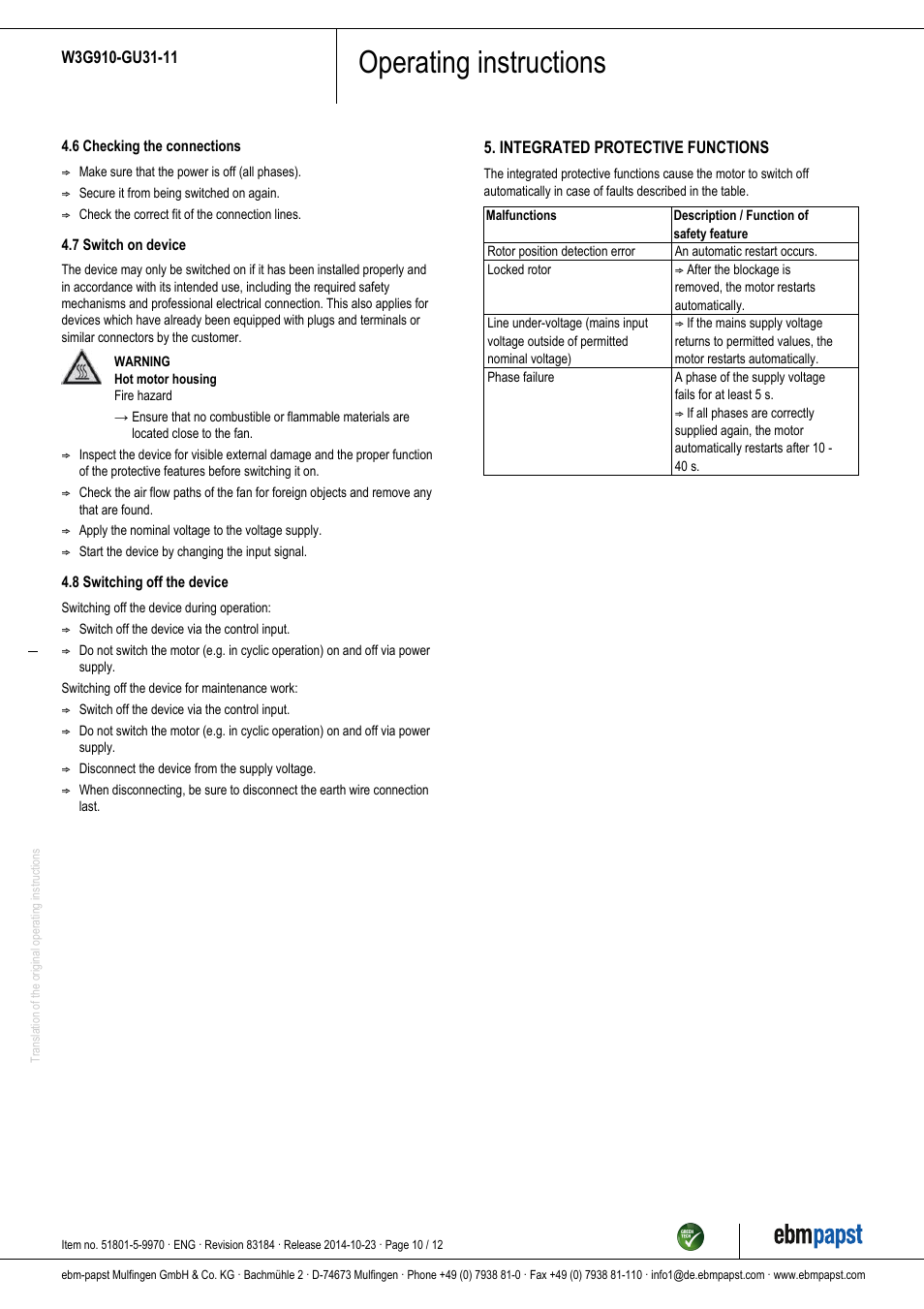 Operating instructions | ebm-papst W3G910-GU31-11 User Manual | Page 10 / 12