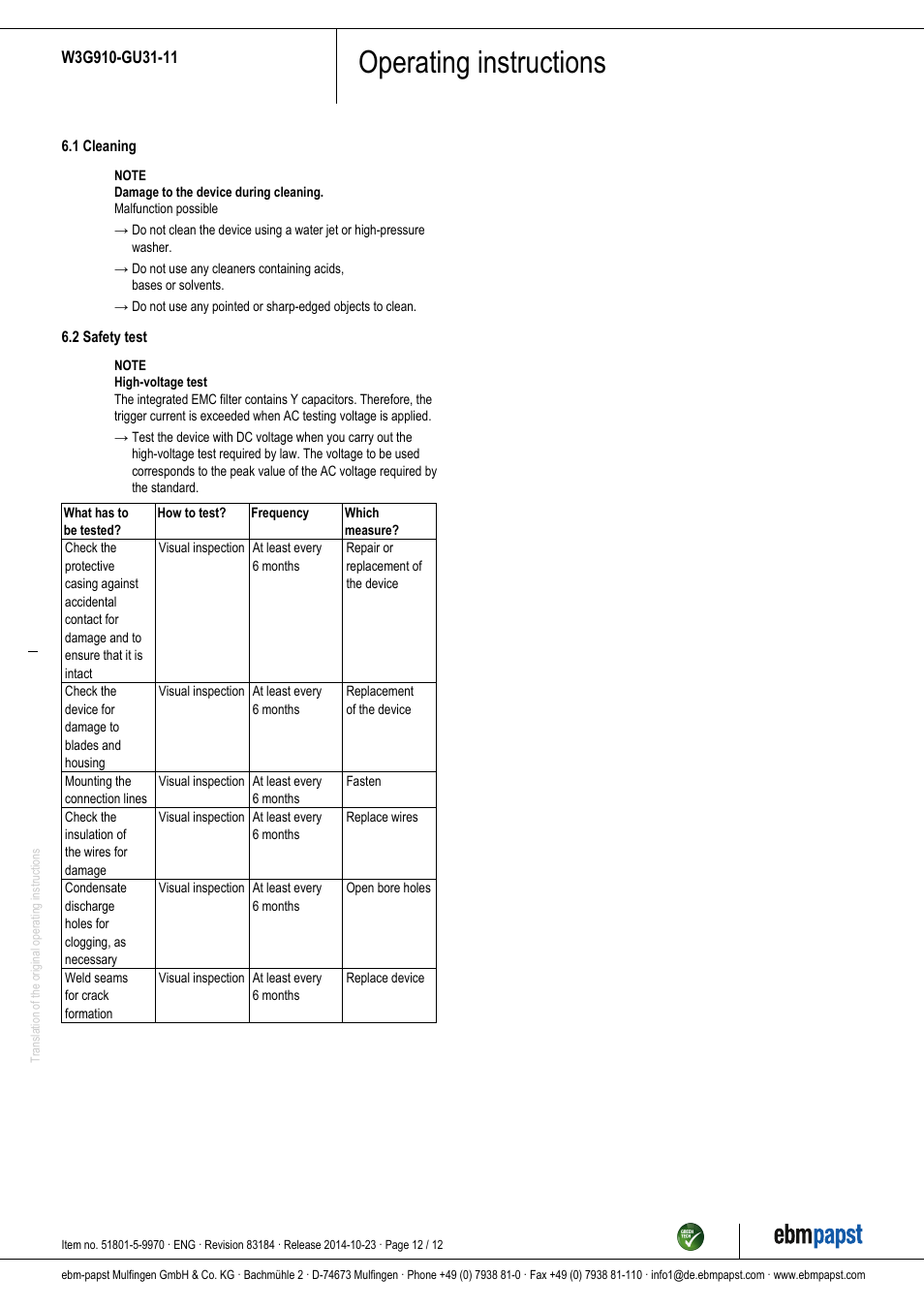 Operating instructions | ebm-papst W3G910-GU31-11 User Manual | Page 12 / 12