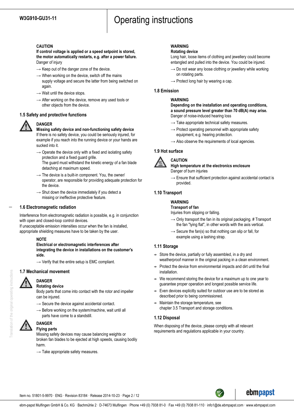 Operating instructions | ebm-papst W3G910-GU31-11 User Manual | Page 2 / 12