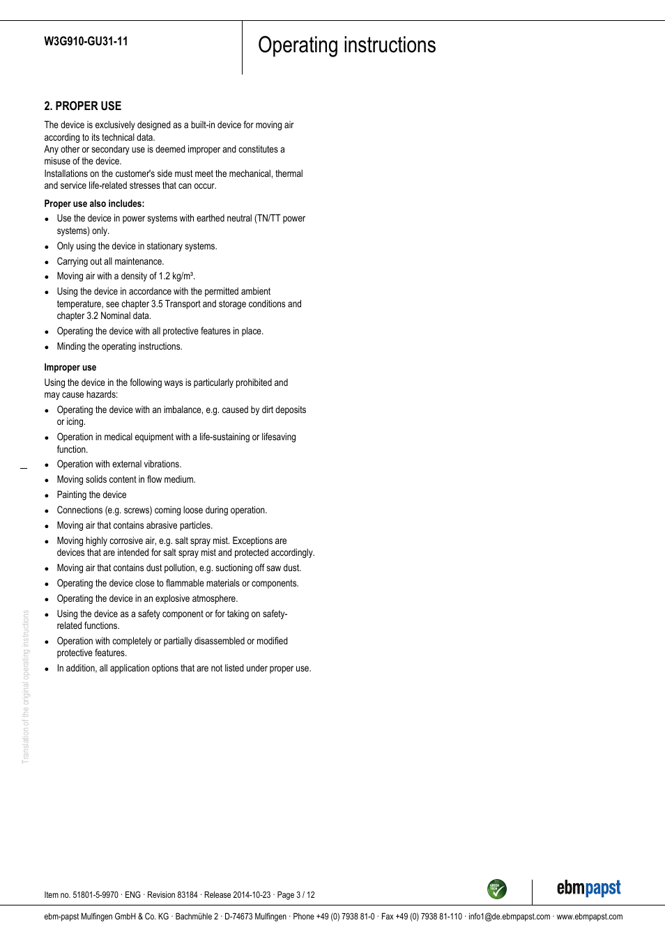 Operating instructions, Proper use | ebm-papst W3G910-GU31-11 User Manual | Page 3 / 12