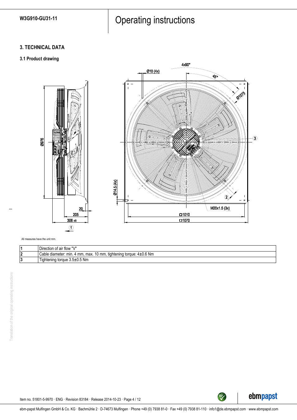 Operating instructions | ebm-papst W3G910-GU31-11 User Manual | Page 4 / 12