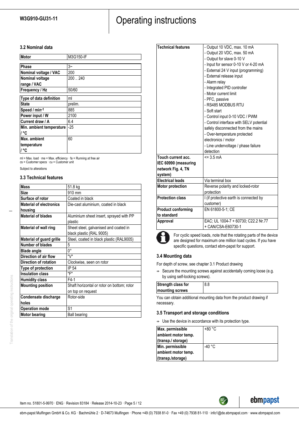 Operating instructions | ebm-papst W3G910-GU31-11 User Manual | Page 5 / 12