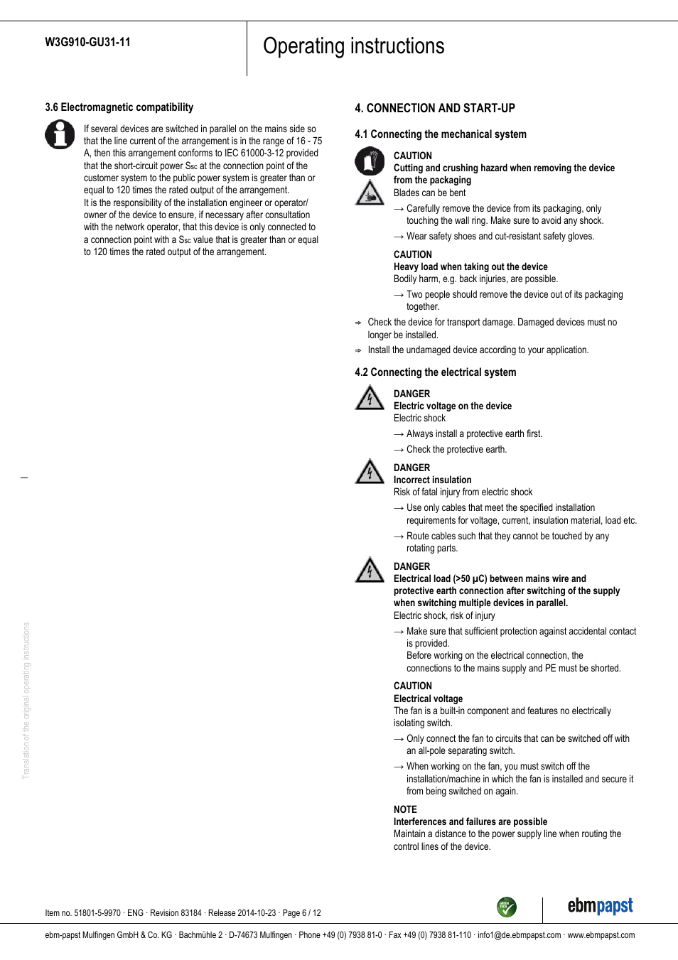 Operating instructions | ebm-papst W3G910-GU31-11 User Manual | Page 6 / 12