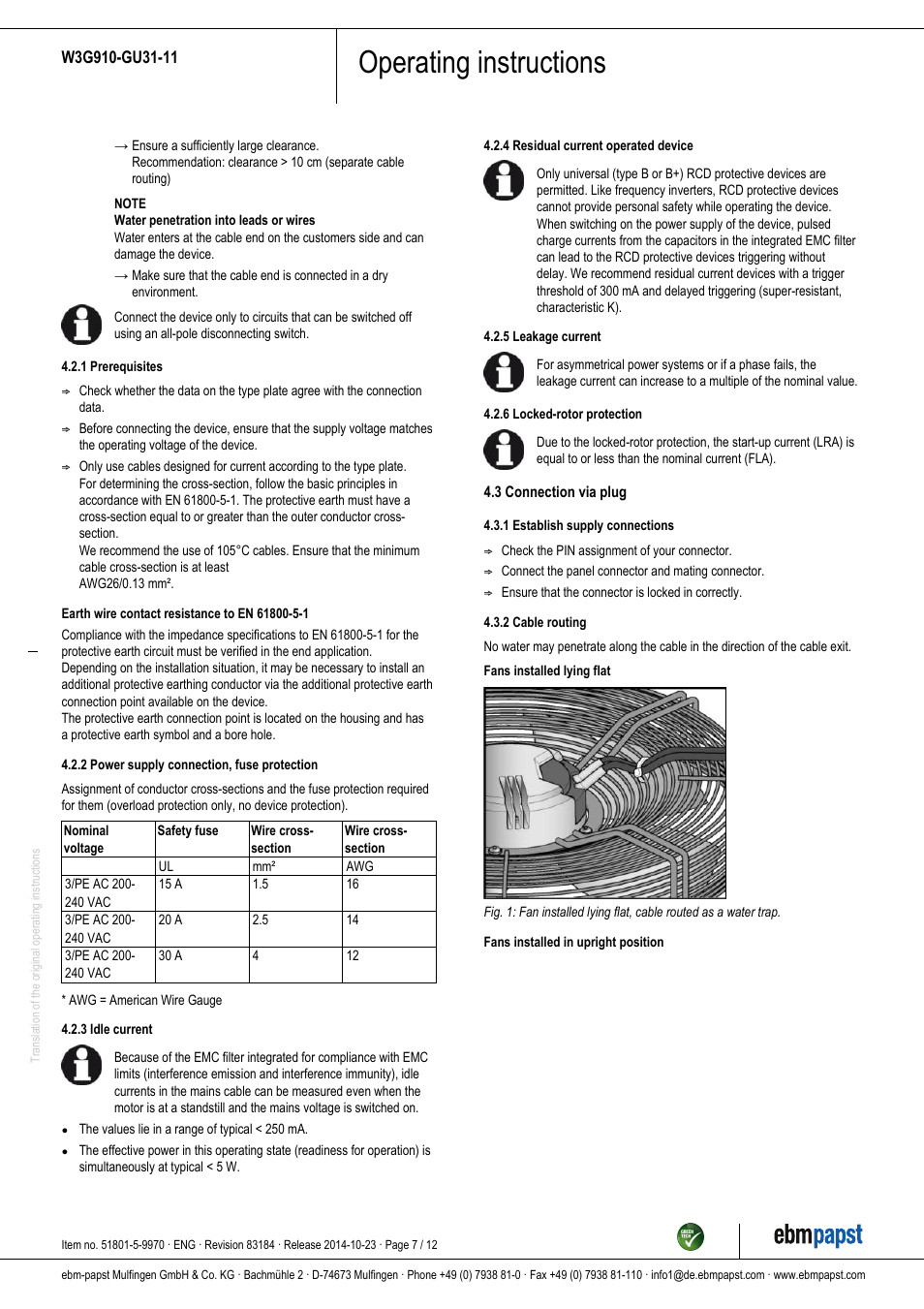 Operating instructions | ebm-papst W3G910-GU31-11 User Manual | Page 7 / 12