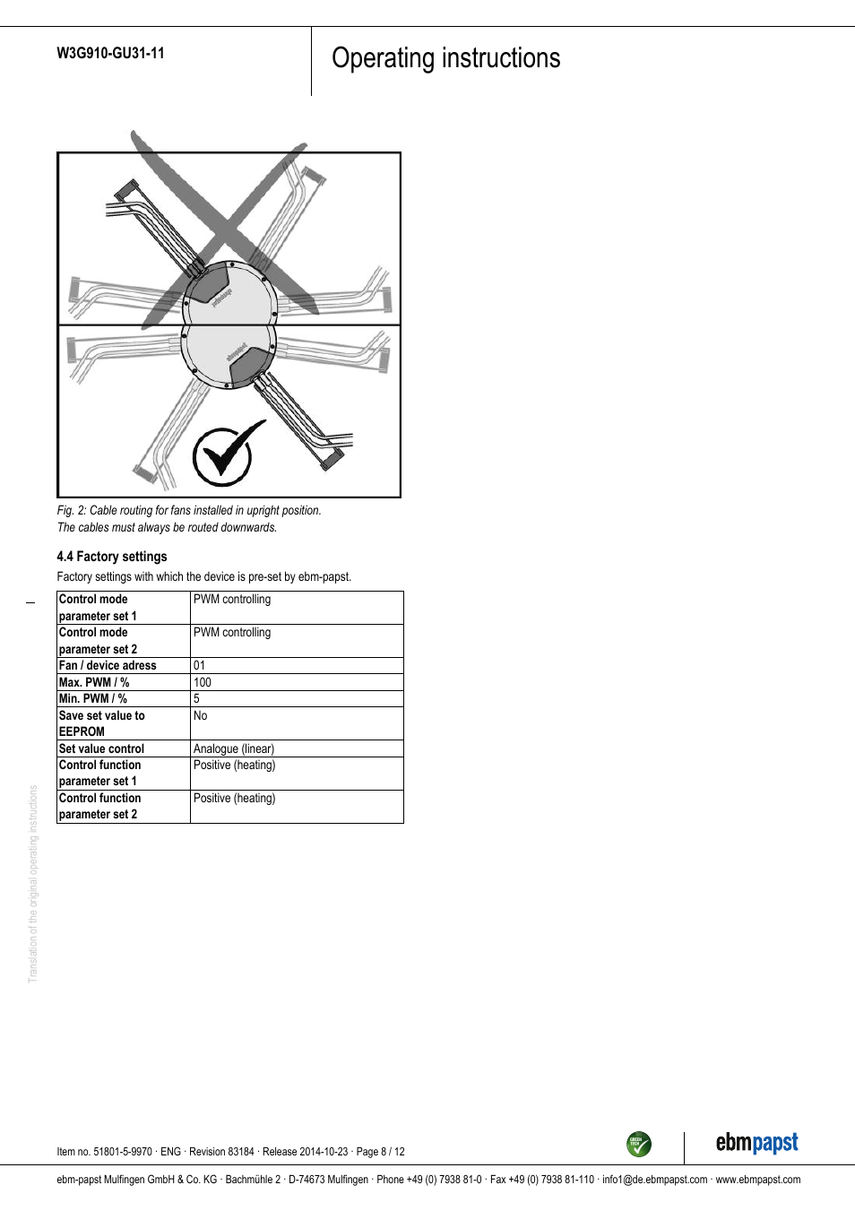 Operating instructions | ebm-papst W3G910-GU31-11 User Manual | Page 8 / 12