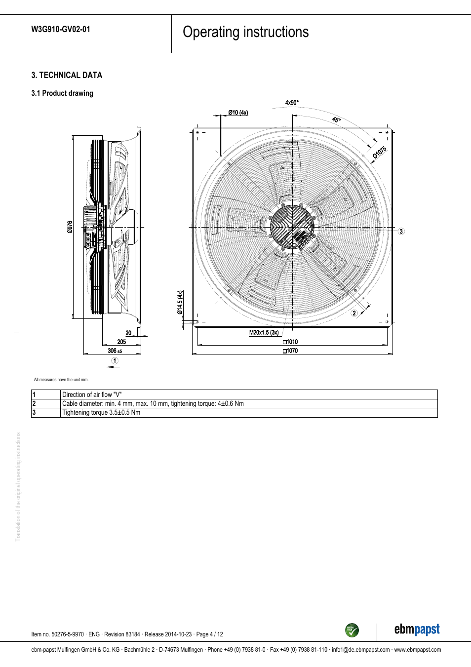 Operating instructions | ebm-papst W3G910-GV02-01 User Manual | Page 4 / 12