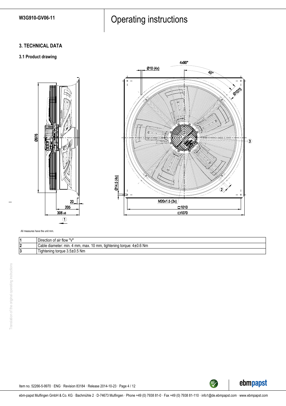 Operating instructions | ebm-papst W3G910-GV06-11 User Manual | Page 4 / 12