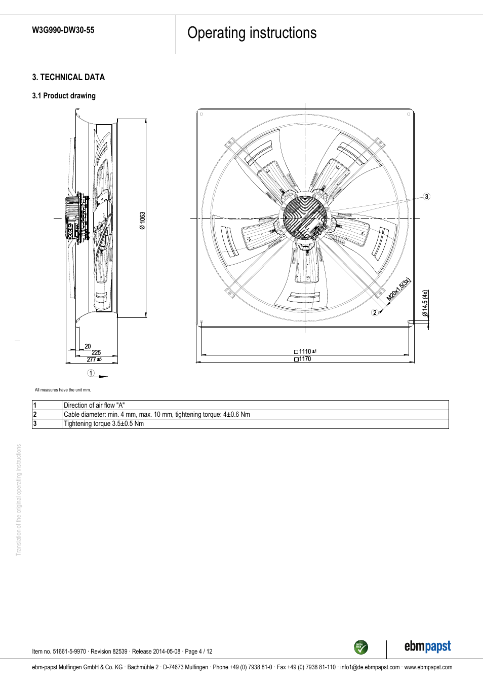 Operating instructions | ebm-papst W3G990-DW30-55 User Manual | Page 4 / 12