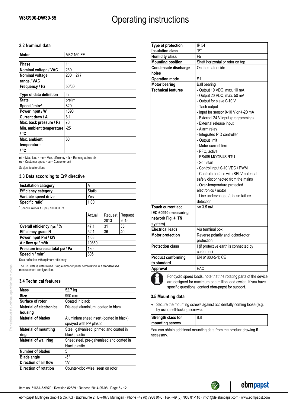 Operating instructions | ebm-papst W3G990-DW30-55 User Manual | Page 5 / 12