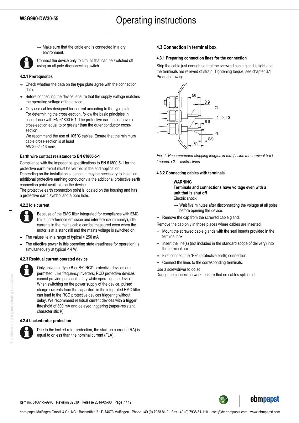 Operating instructions | ebm-papst W3G990-DW30-55 User Manual | Page 7 / 12