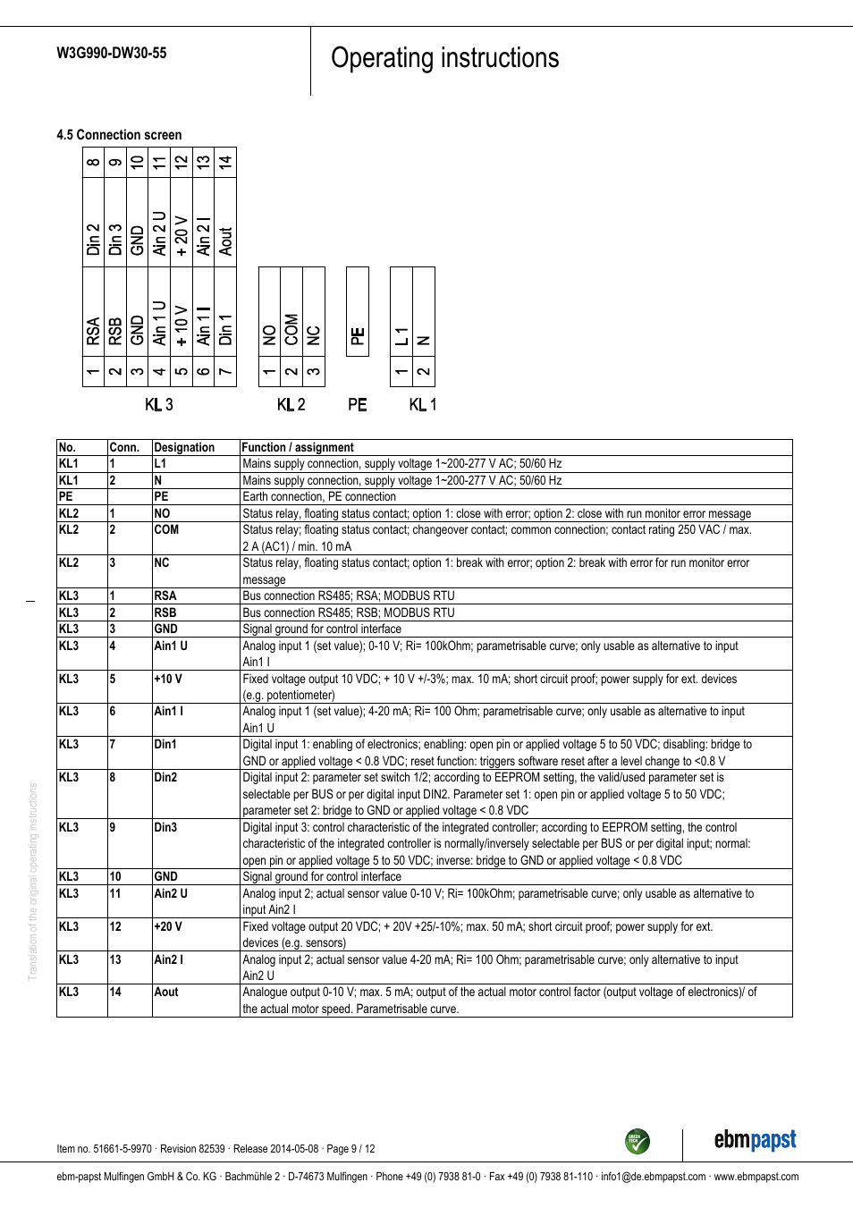 Operating instructions | ebm-papst W3G990-DW30-55 User Manual | Page 9 / 12