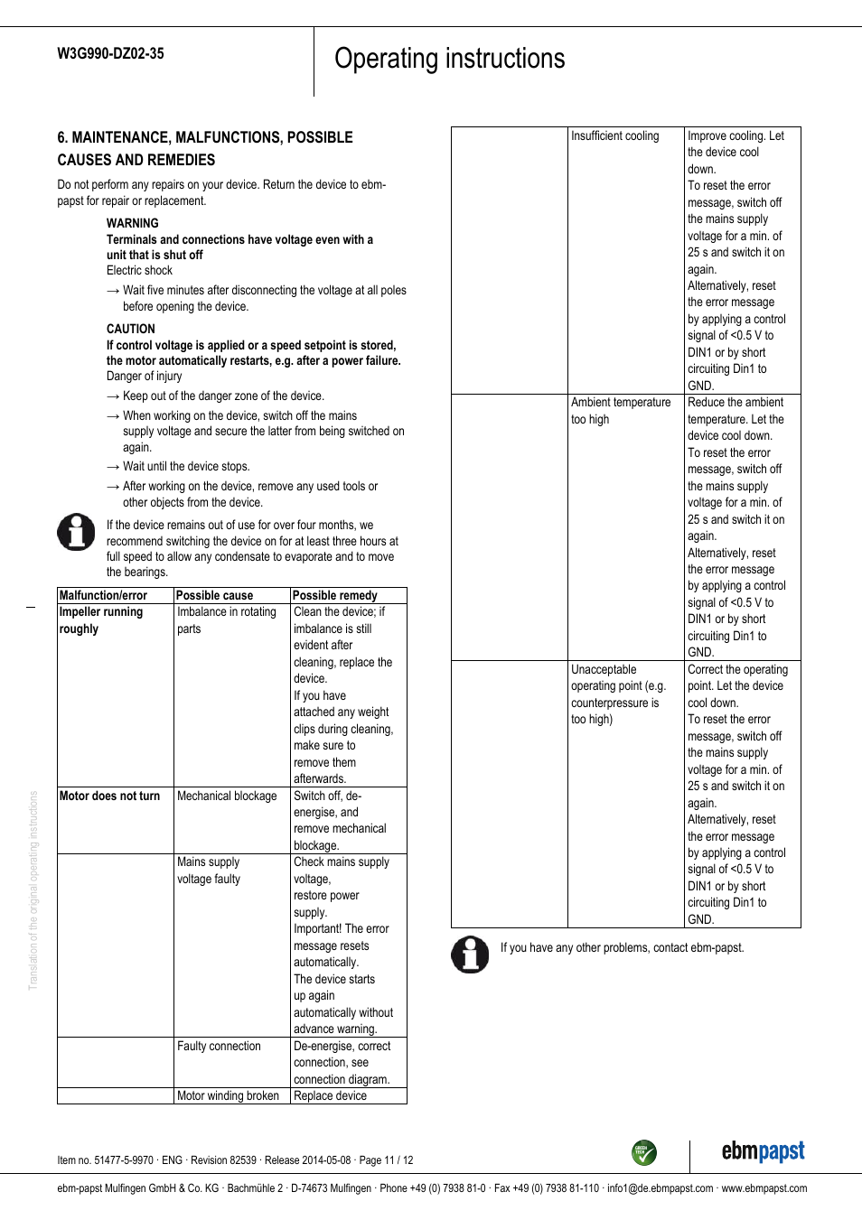 Operating instructions | ebm-papst W3G990-DZ02-35 User Manual | Page 11 / 12