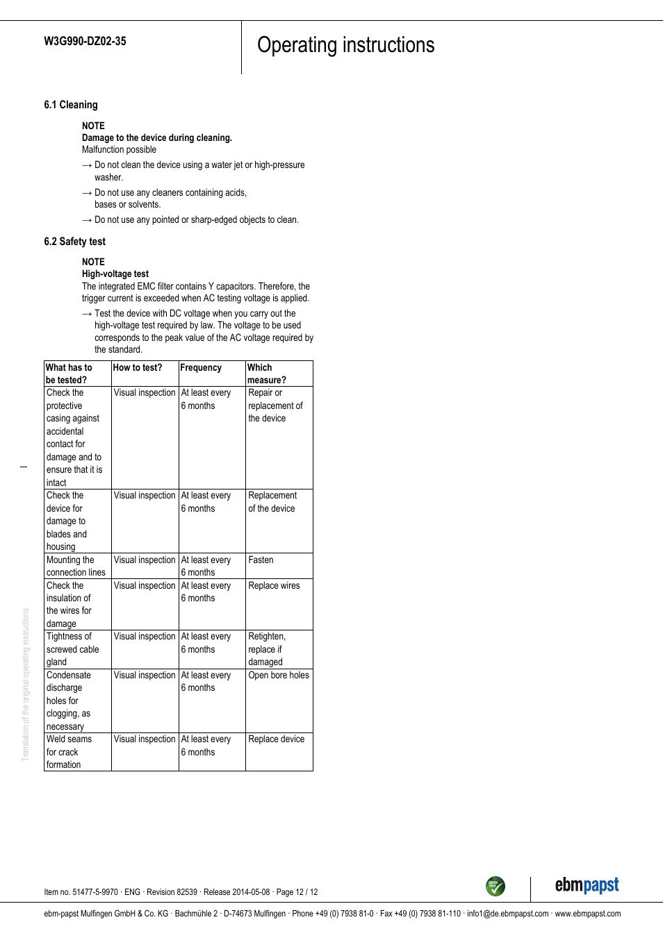 Operating instructions | ebm-papst W3G990-DZ02-35 User Manual | Page 12 / 12