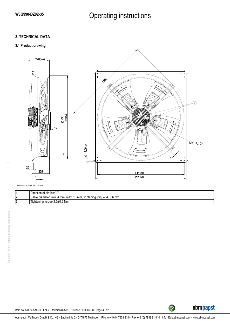 Operating instructions | ebm-papst W3G990-DZ02-35 User Manual | Page 4 / 12