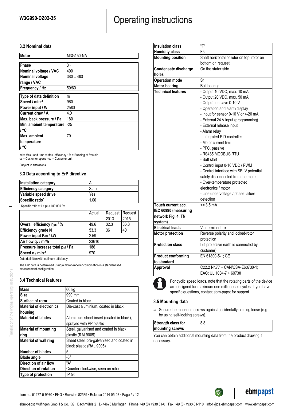 Operating instructions | ebm-papst W3G990-DZ02-35 User Manual | Page 5 / 12