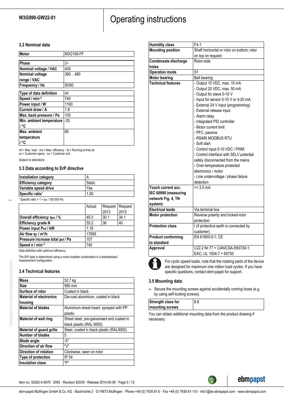 Operating instructions | ebm-papst W3G990-GW22-01 User Manual | Page 5 / 12